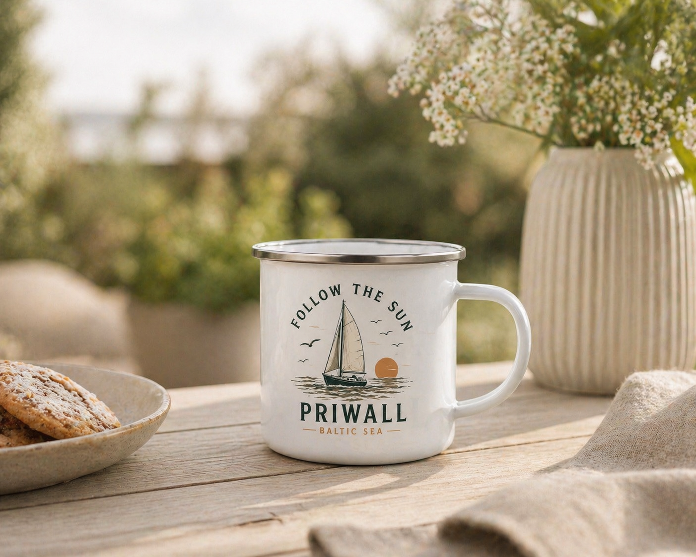 camping priwall Follow the Sun Emaille Tasse – Priwall Ostsee Baltic Coast – Nomavé